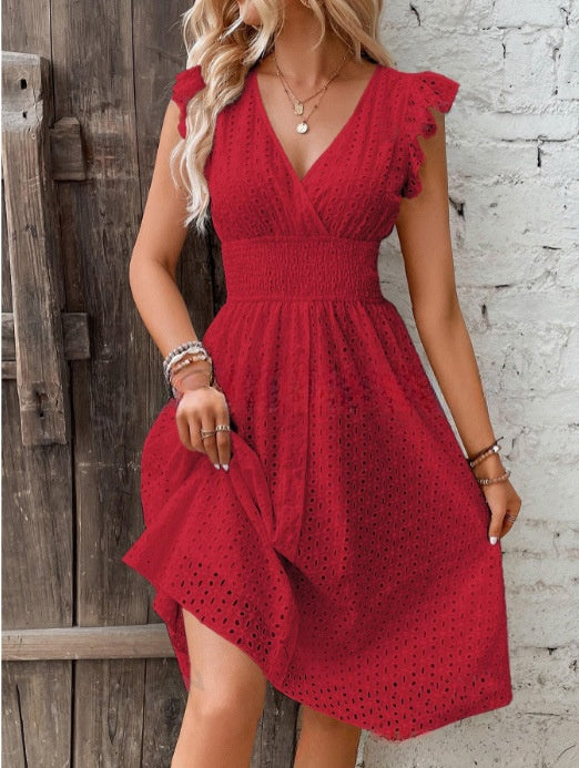 Short Sleeve V-Neck Lace A-Line Midi Dress | Elastic Waist in White