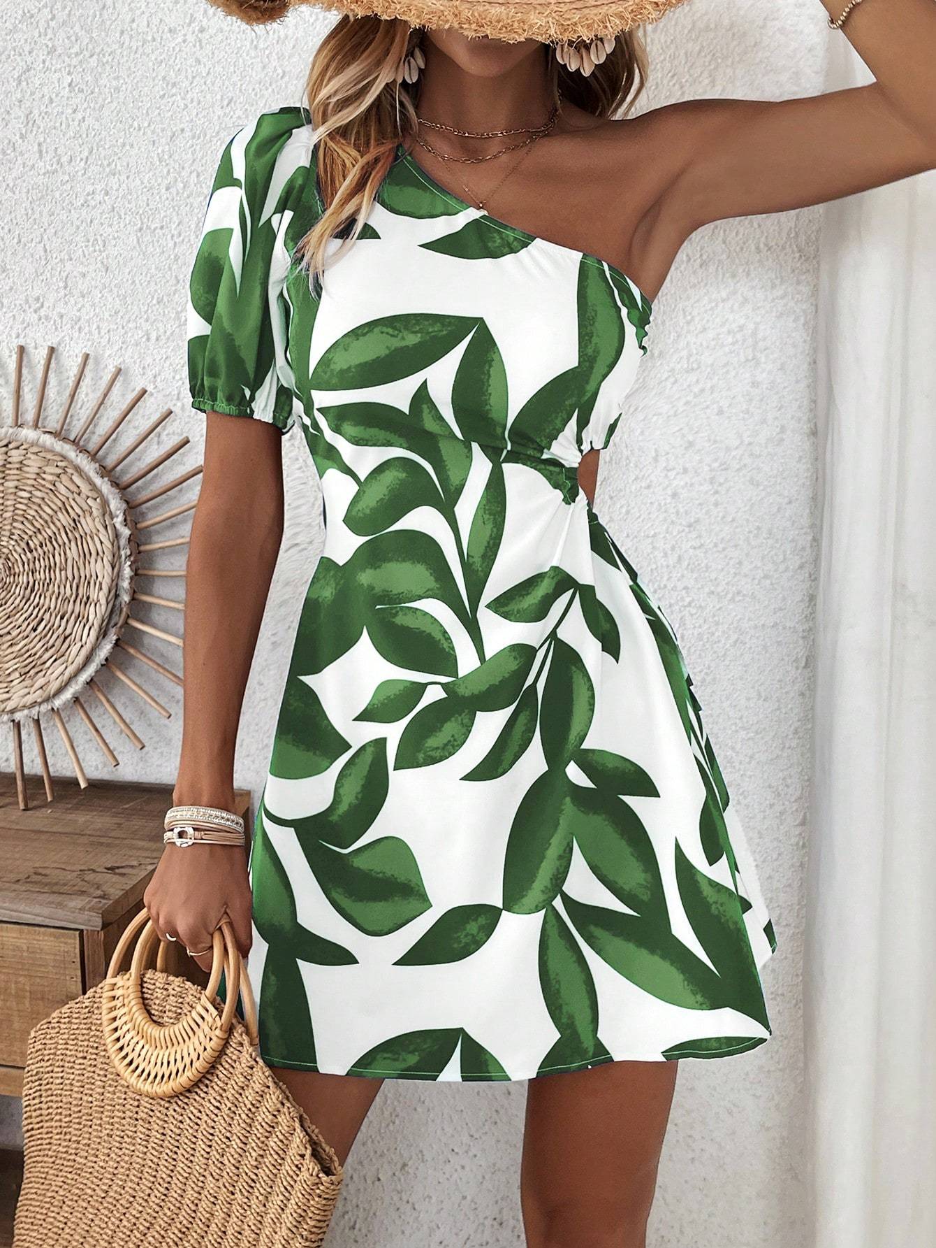 Puff Sleeve V-Neck Mini Dress | High Waist A-Line Beach Dress