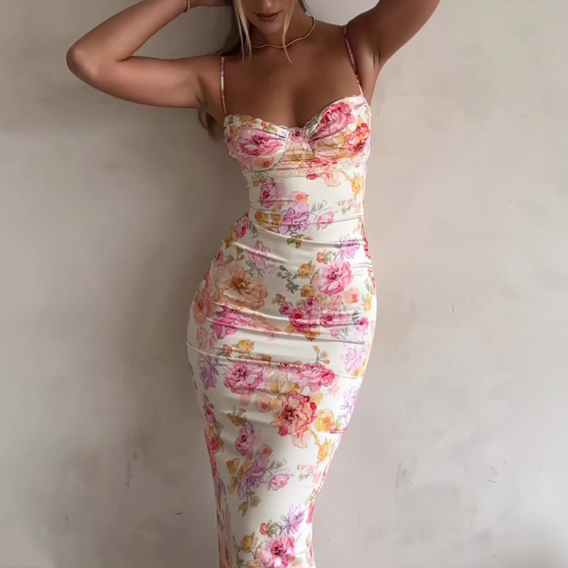 Floral Bodycon Maxi Dress | Spaghetti Strap Vacation Summer Dress