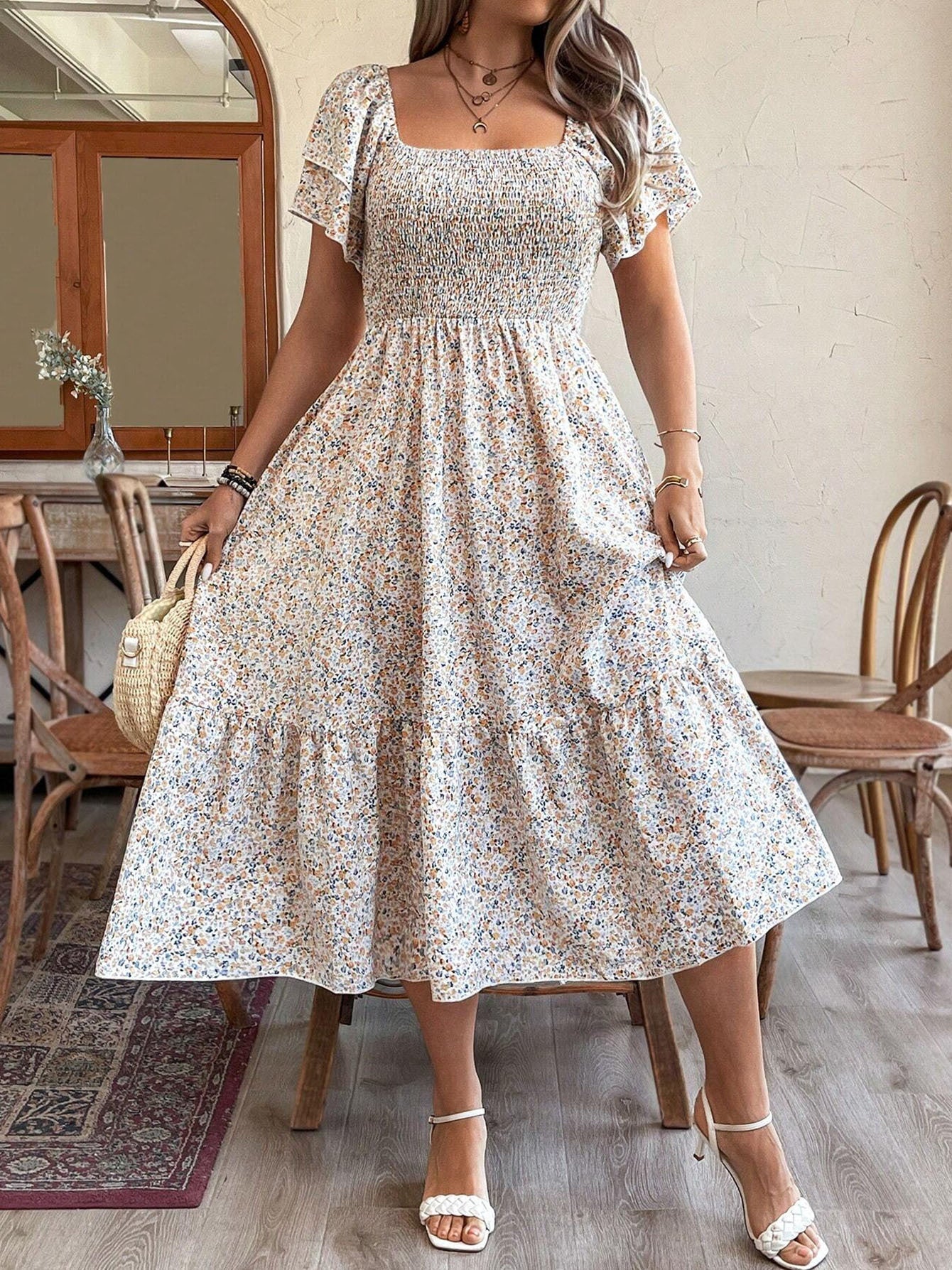 Plus Size Floral Backless Midi Dress | Off-Shoulder Pleated A-Line