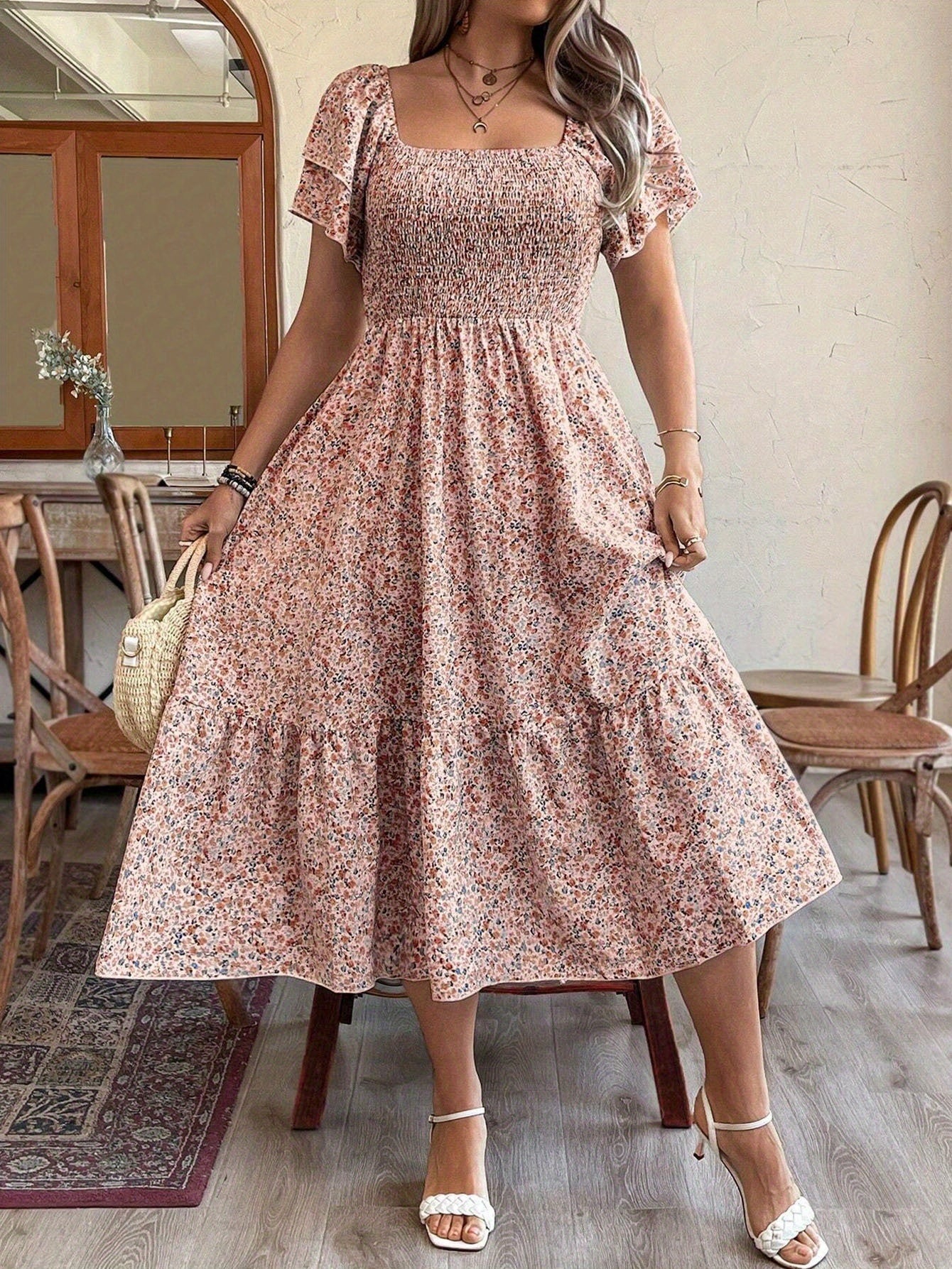 Plus Size Floral Backless Midi Dress | Off-Shoulder Pleated A-Line