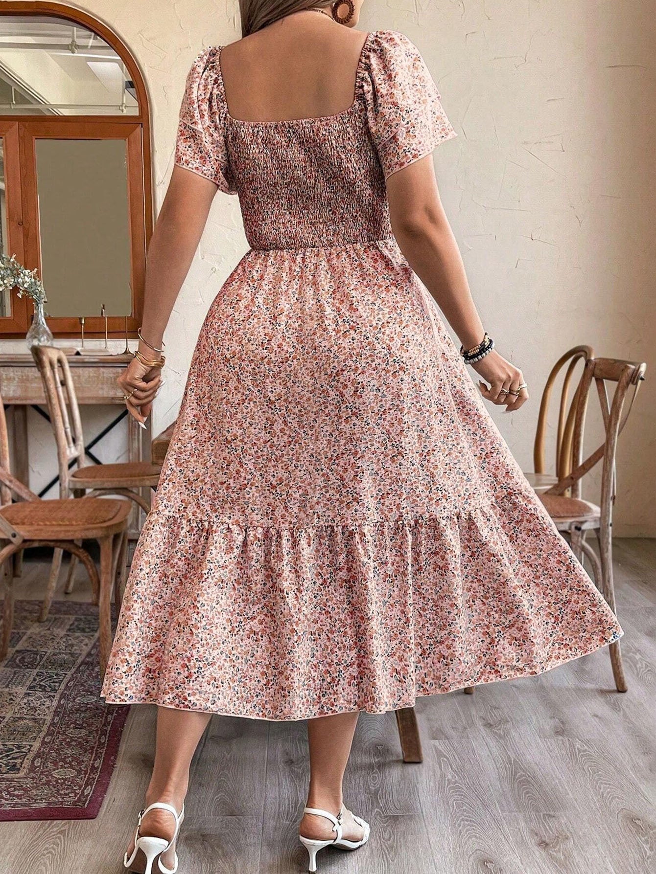 Plus Size Floral Backless Midi Dress | Off-Shoulder Pleated A-Line