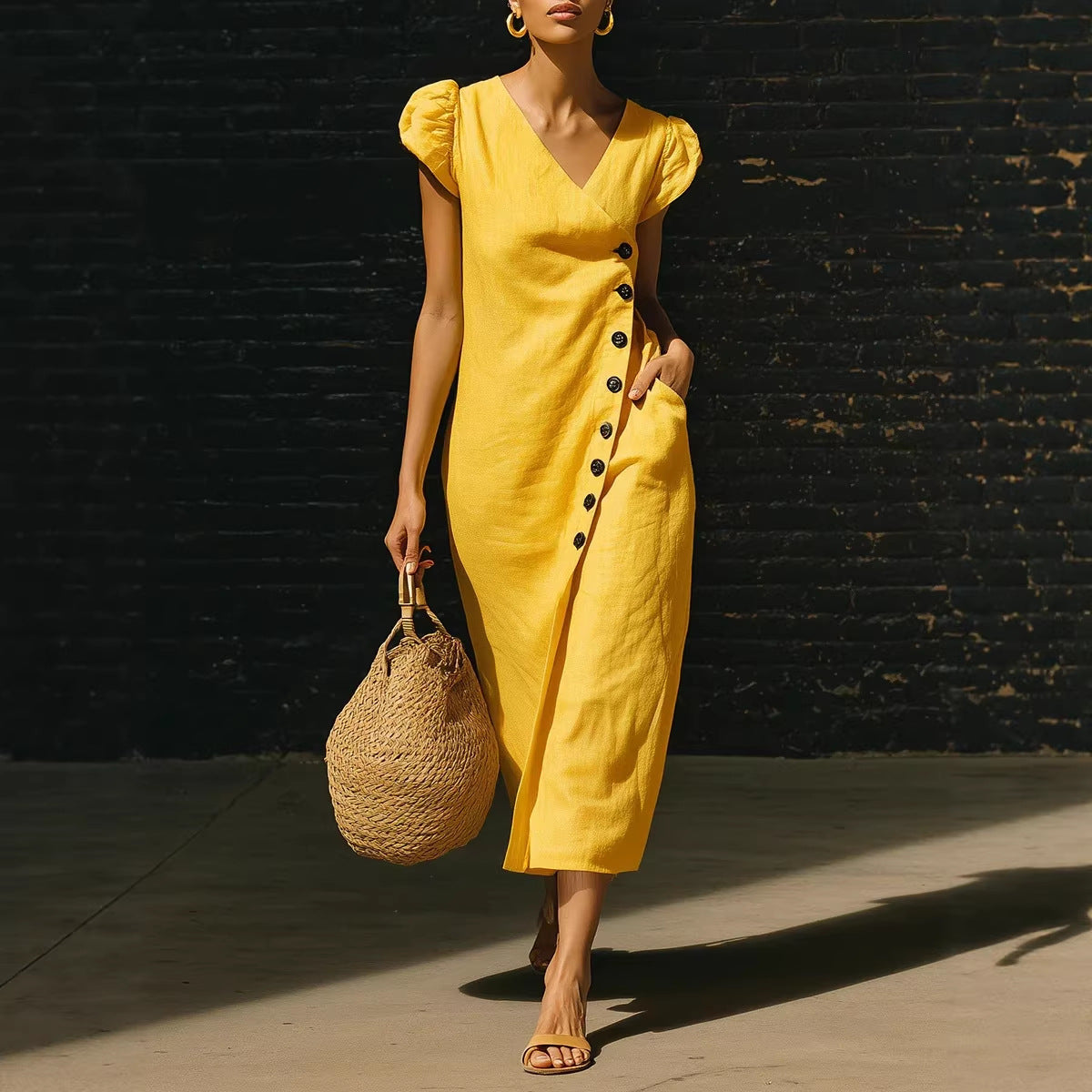 Short Sleeve V-Neck Loose Fit Midi Dress | Casual Everyday Dress