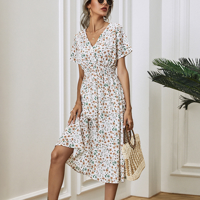 V-Neck Floral Print Maxi Dress | A-Line Waisted Summer Dress