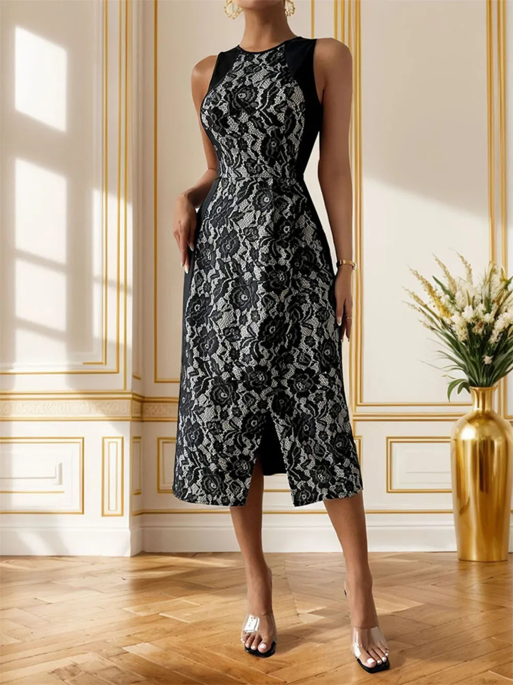 Sleeveless Round-Neck Side Slit Midi Dress | Stretch Bodycon Fit in Black