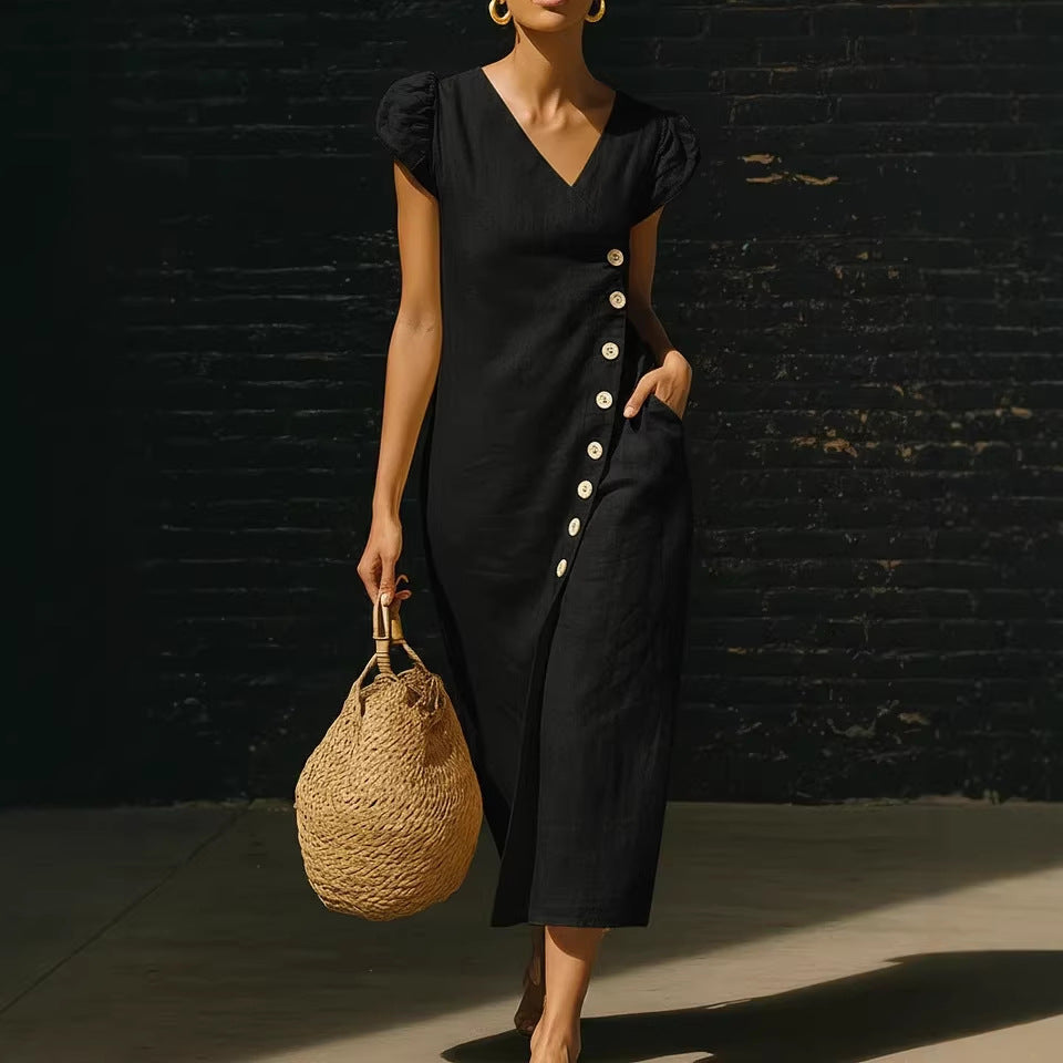 Short Sleeve V-Neck Loose Fit Midi Dress | Casual Everyday Dress