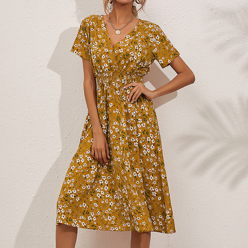 V-Neck Floral Print Maxi Dress | A-Line Waisted Summer Dress