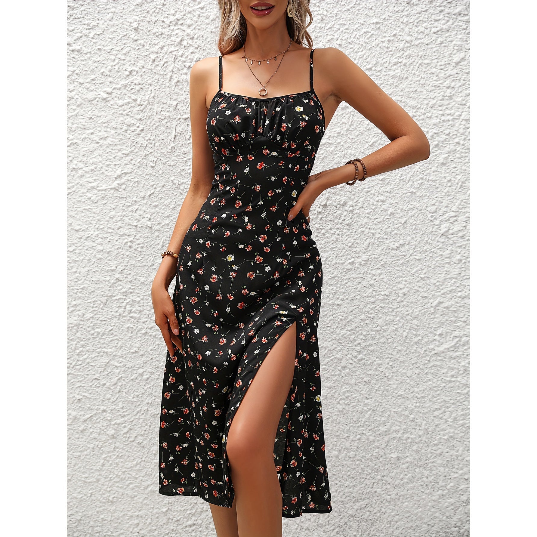 Women's Polka Dot Maxi Dress – Spaghetti Strap High Slit Summer Dress