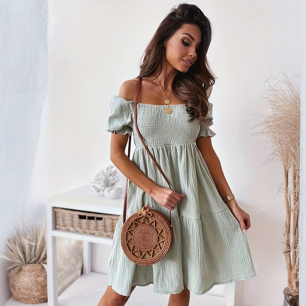 Off-Shoulder Puff Sleeve Ruched Midi Dress | Slim Fit Bardot Dress