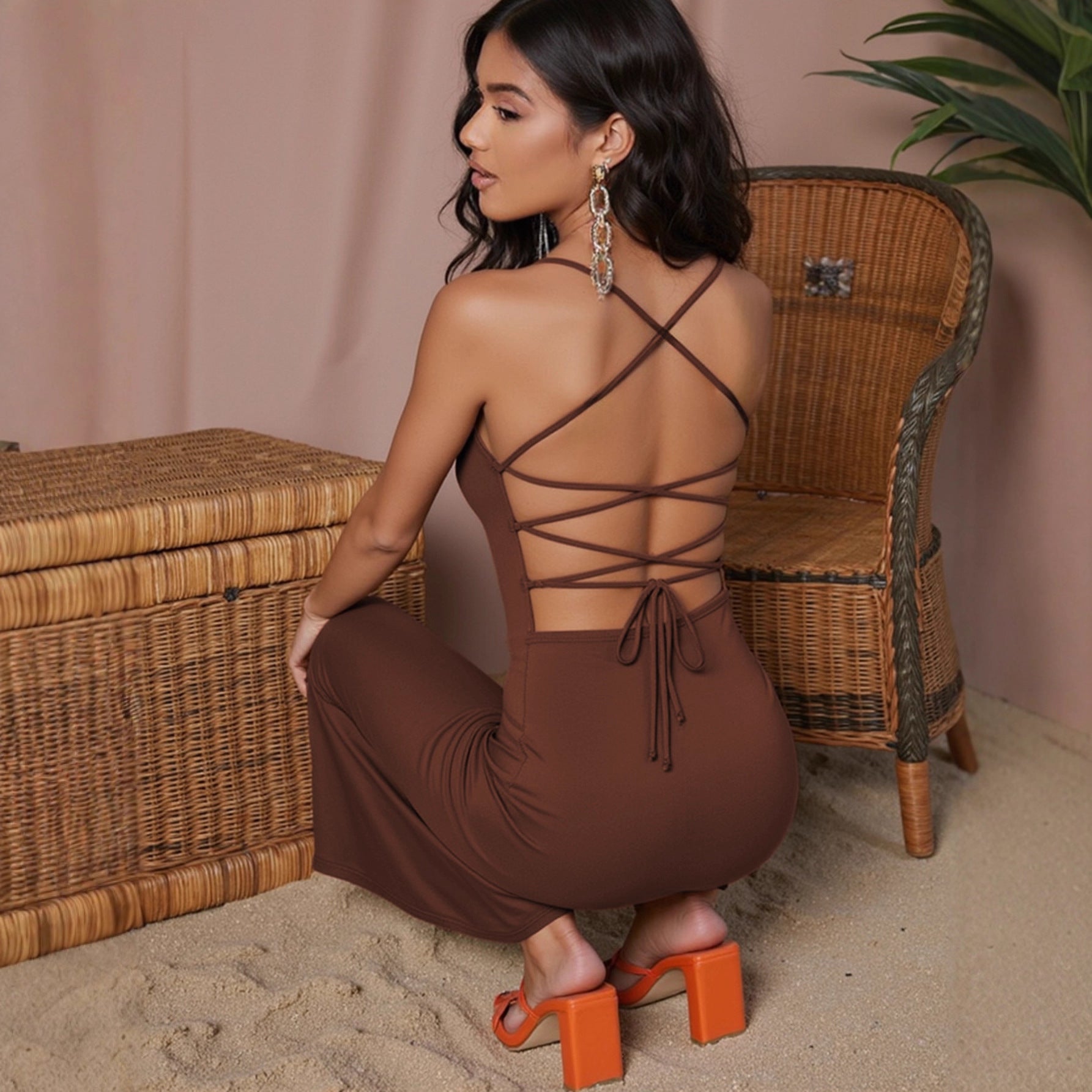 Sleeveless V-Neck Backless Bodycon Maxi Dress | Suspender Straps High Slit & Lace-Up