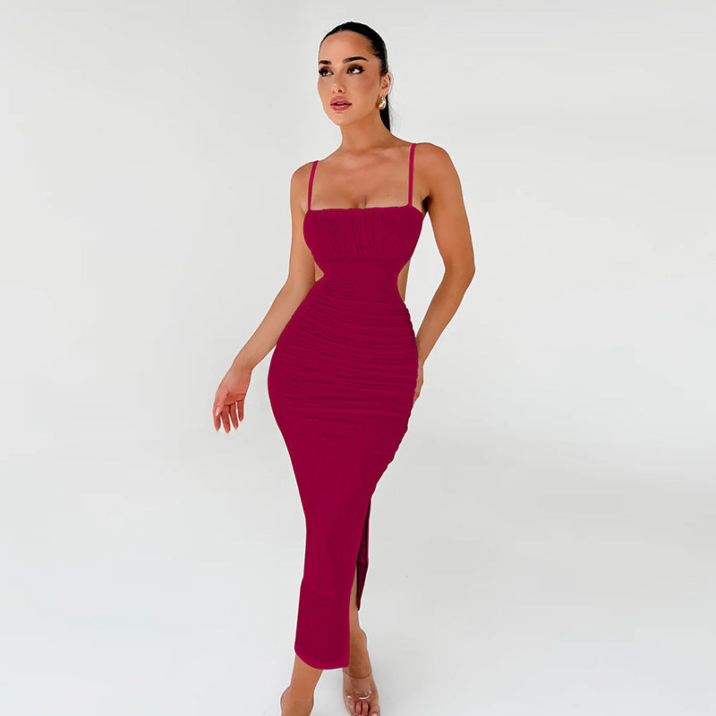 Backless Spaghetti Strap Maxi Dress – Side Slit Ruched Cami Dress