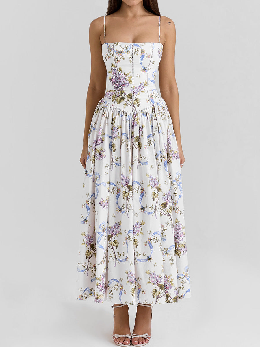 Floral Print Spaghetti Strap Maxi Dress | Ruched Backless A-Line