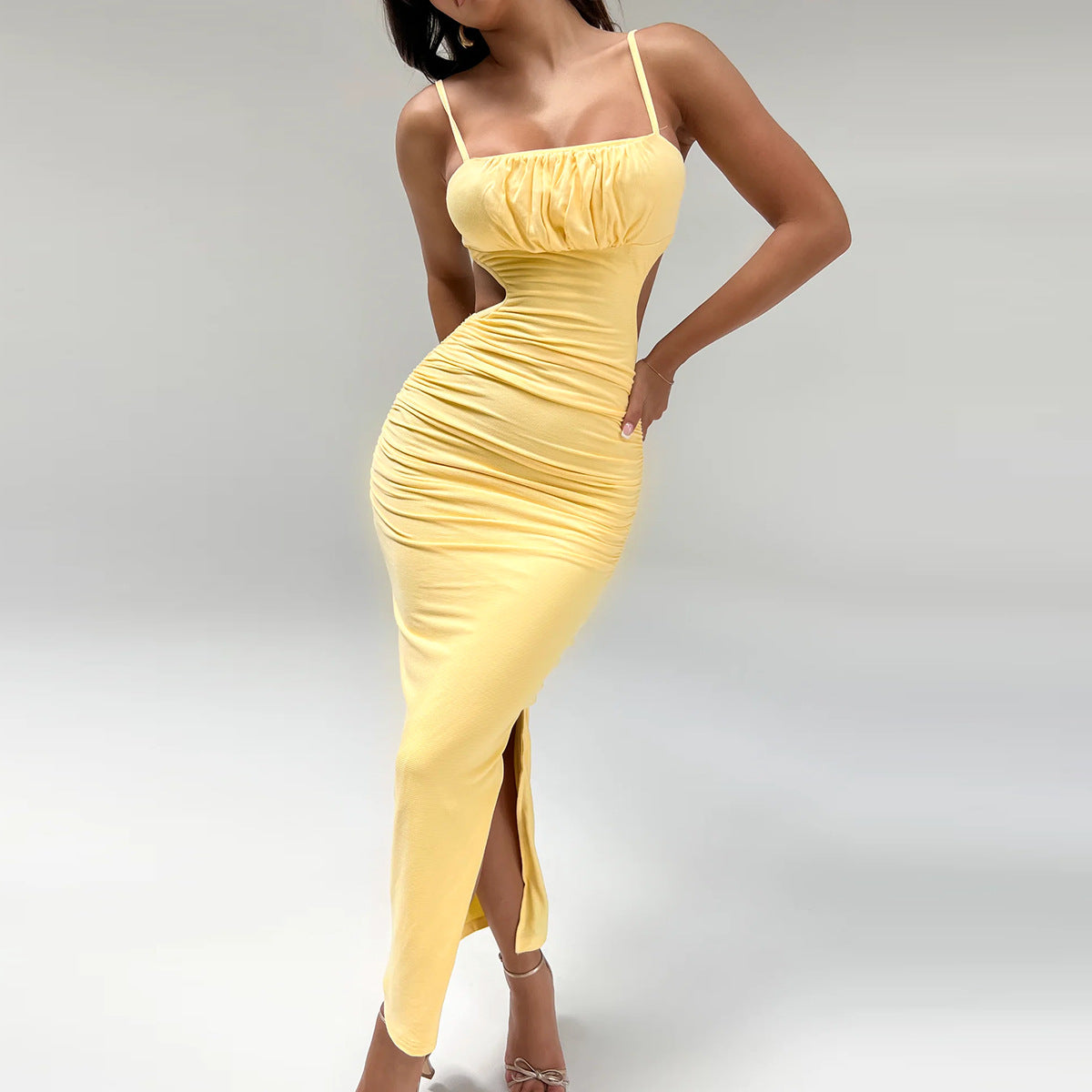 Backless Spaghetti Strap Maxi Dress – Side Slit Ruched Cami Dress