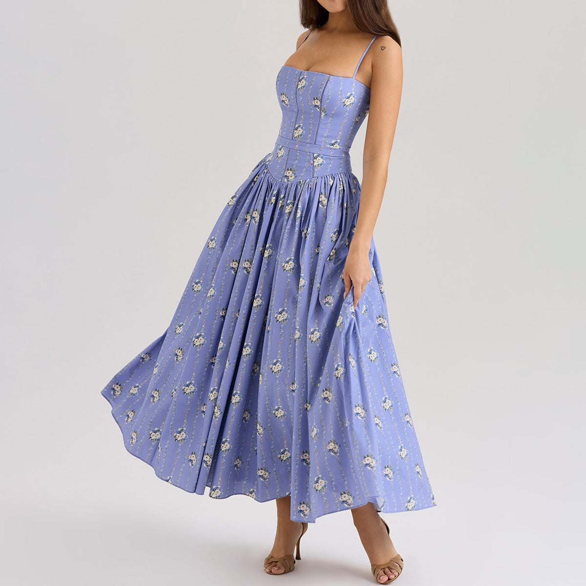 Floral Print Spaghetti Strap Maxi Dress | Ruched Backless A-Line