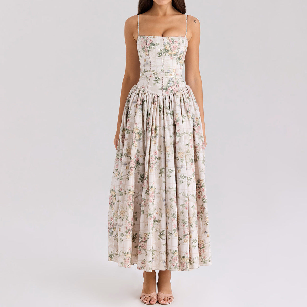 Floral Print Spaghetti Strap Maxi Dress | Ruched Backless A-Line