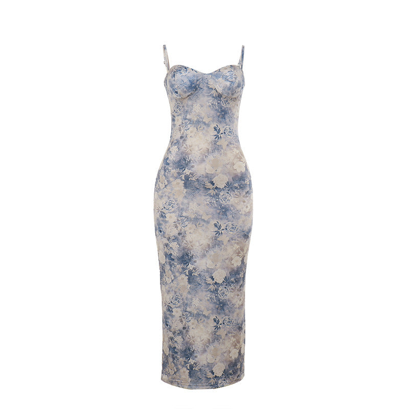 Blue Printed Sweetheart Midi Dress | Bodycon Split Cami