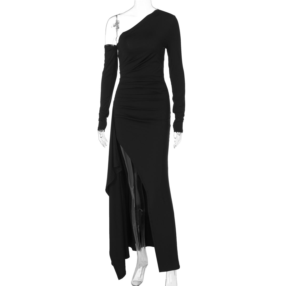 Off-Shoulder Long Sleeve Bodycon Maxi Dress | Asymmetric Slit & Pleated Waist