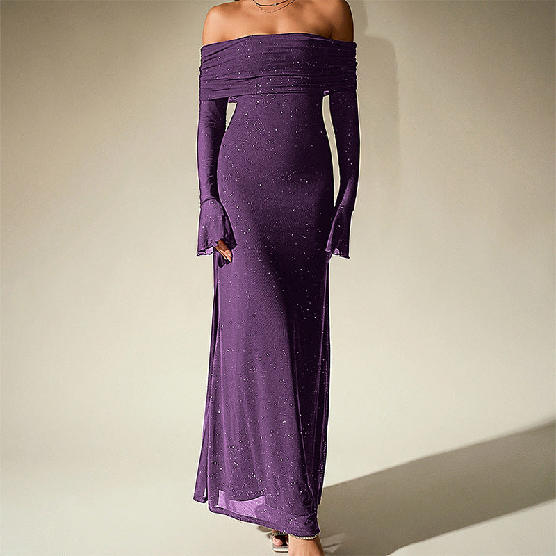 Mesh Sequin Off Shoulder Maxi Dress – Flared Long Sleeve Bodycon