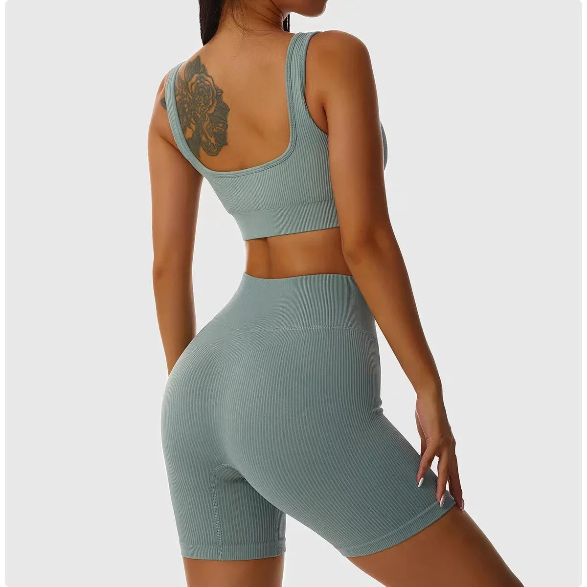 Ribbed Seamless Yoga Set – Crop Top & High-Waist Shorts