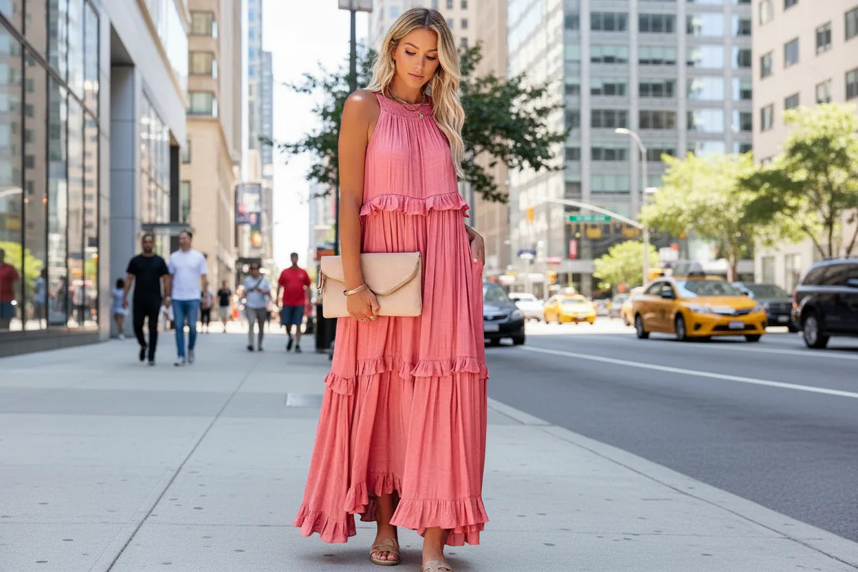 Halter Ruffle Maxi Dress | Sleeveless Lace Tiered Cake Dress