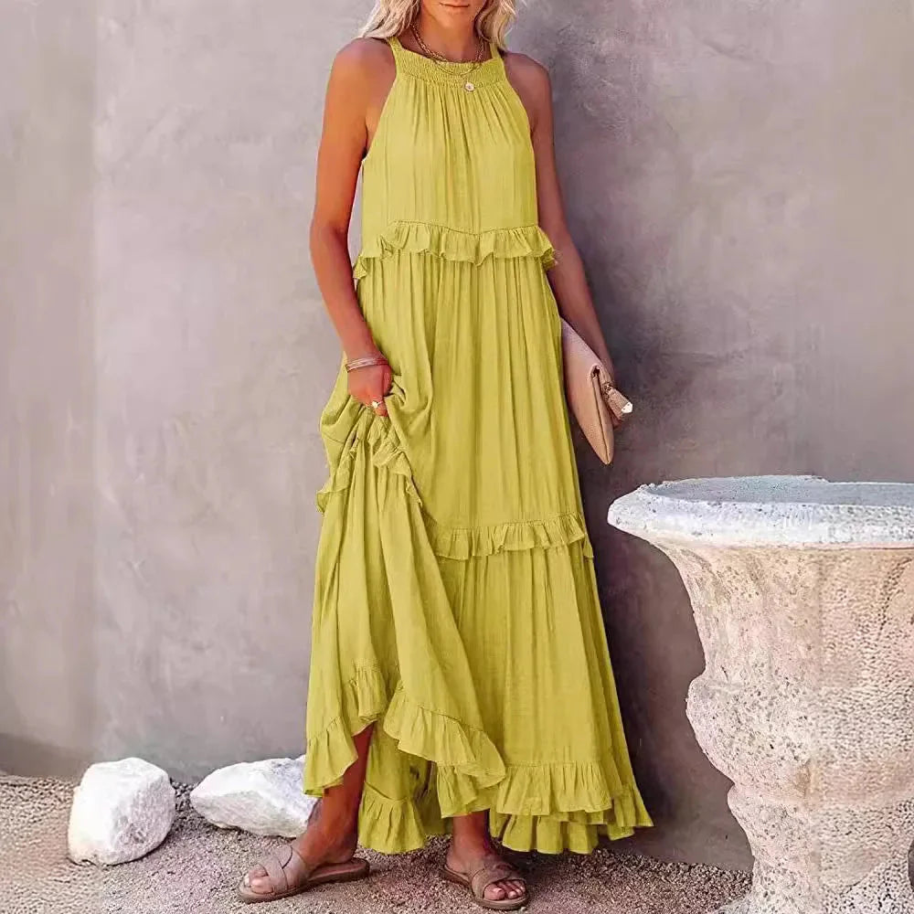 Halter Ruffle Maxi Dress | Sleeveless Lace Tiered Cake Dress