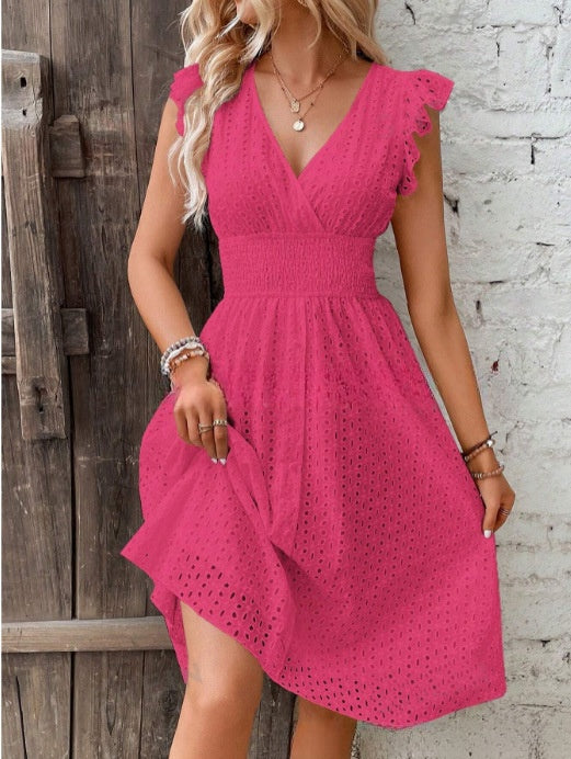 Short Sleeve V-Neck Lace A-Line Midi Dress | Elastic Waist in White