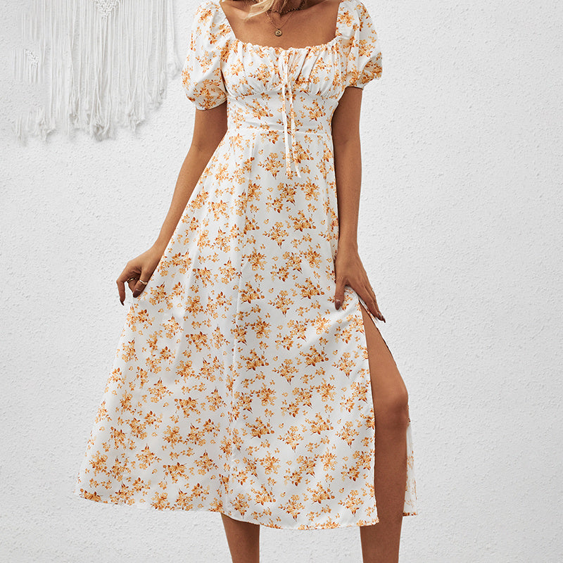 Square Neck Floral Boho Maxi Dress | Puff Sleeve Side Slit