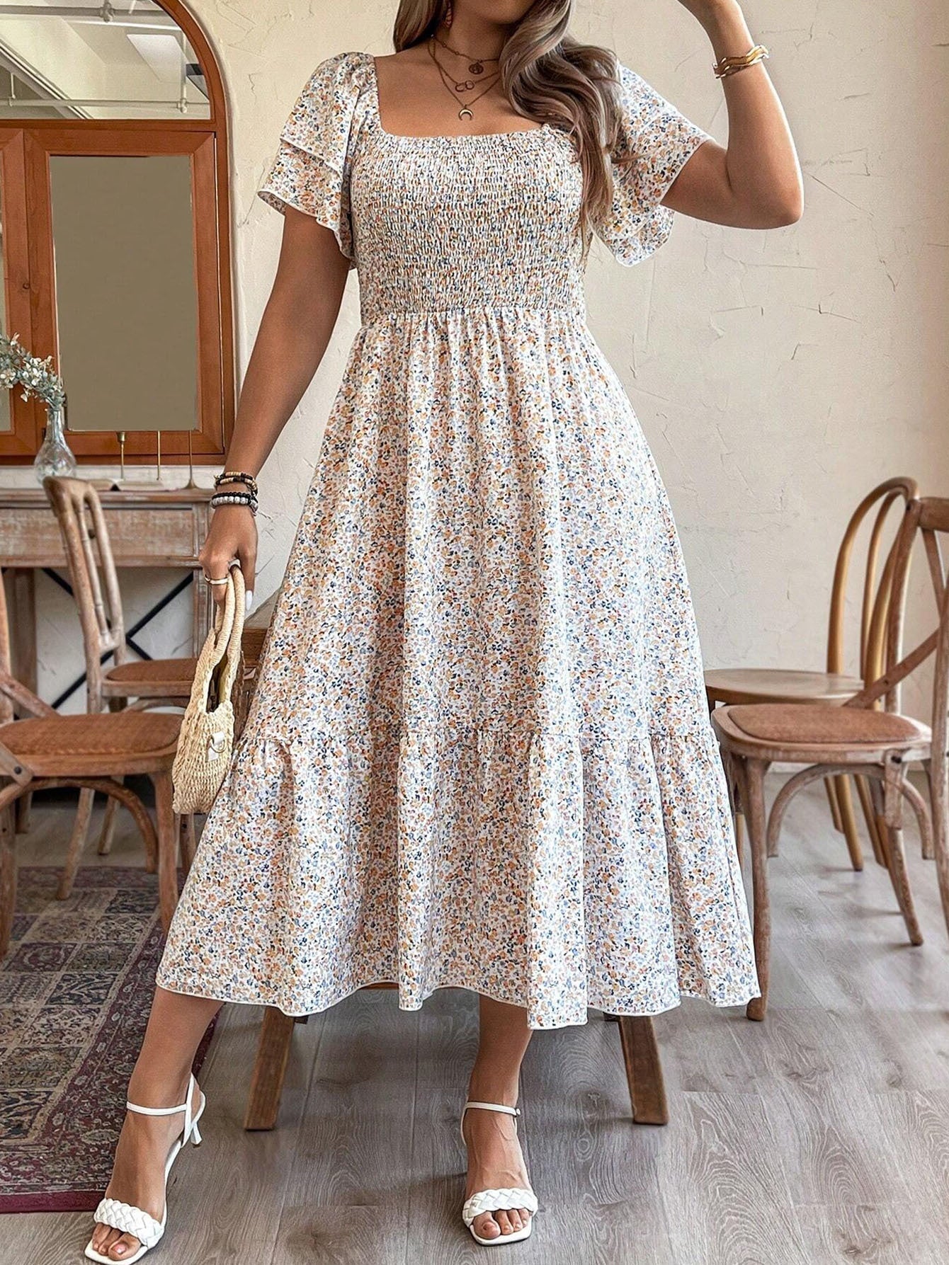 Plus Size Floral Backless Midi Dress | Off-Shoulder Pleated A-Line