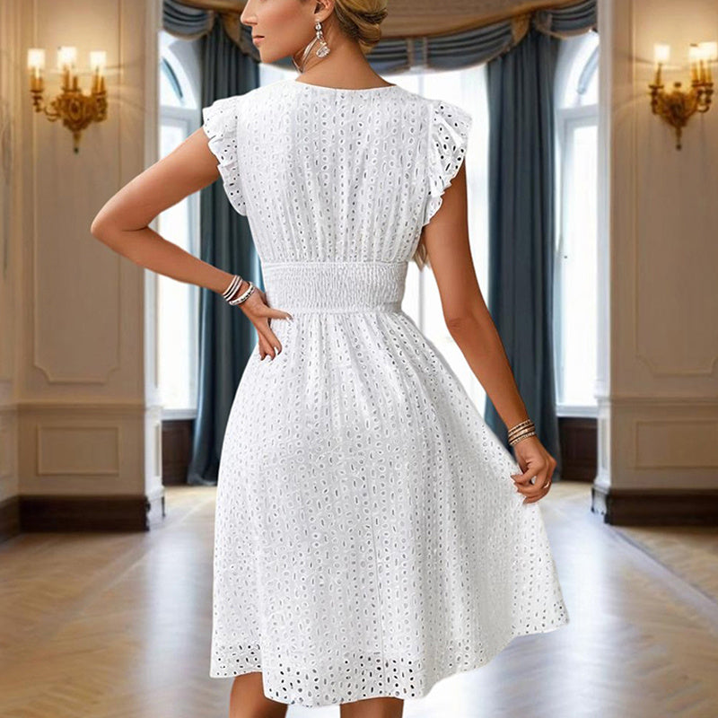 Short Sleeve V-Neck Lace A-Line Midi Dress | Elastic Waist in White