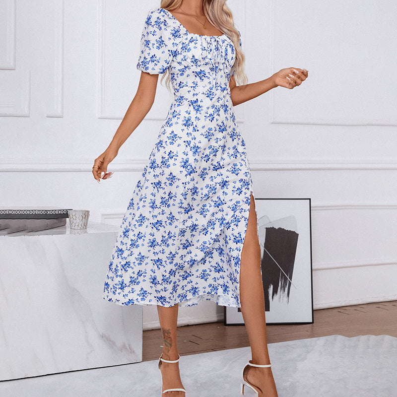 Square Neck Floral Boho Maxi Dress | Puff Sleeve Side Slit