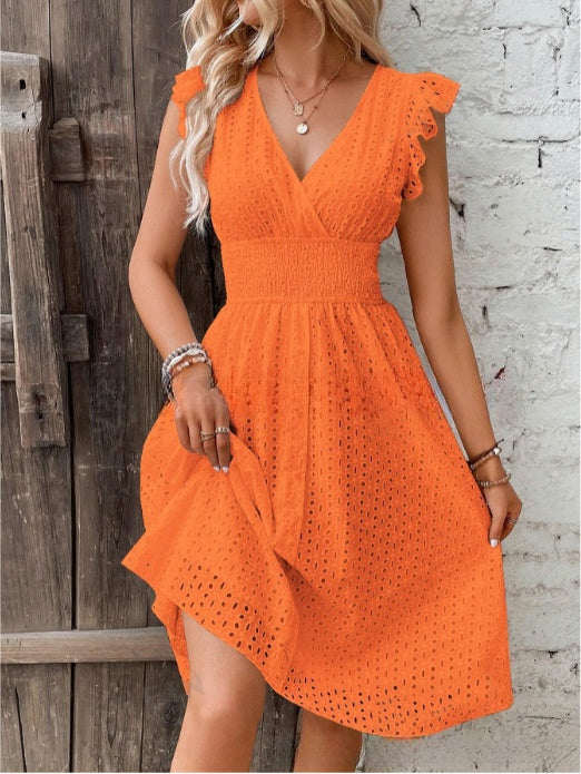 Short Sleeve V-Neck Lace A-Line Midi Dress | Elastic Waist in White